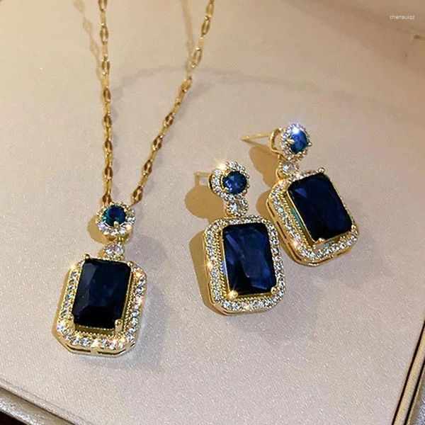 Pendientes de collar Conjunto de joyería de moda para mujeres color oro azul Cz Anillo de cristal Regalo al por mayor