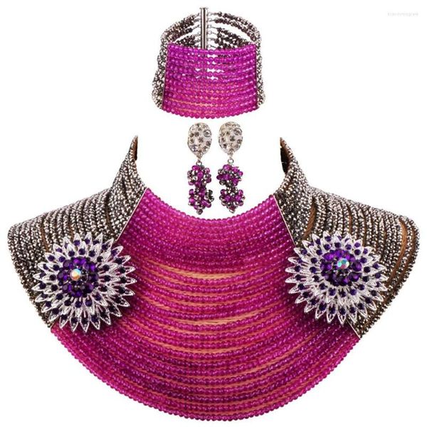 Conjunto de pendientes de collar, gargantilla de cuentas de cristal púrpura de moda, joyería africana, cuentas de boda nigerianas