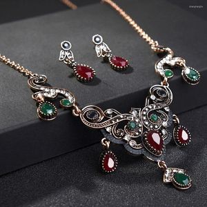 Ketting oorbellen set Turkish vintage rood kristal voor vrouwen verklaring oorrang armband kwastje kostuum bruiloft sieraden
