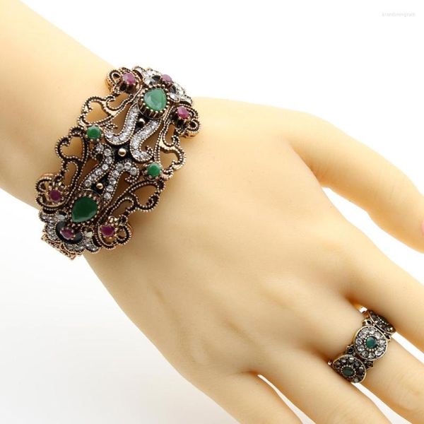 Collier Boucles D'oreilles Ensemble Femmes Turques Vintage Bracelet Anneau Bijoux Ensembles Antique Or Couleur Résine Creux Fleur Bracelet De Noce