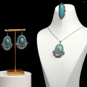 Ketting Oorbellen Set Turkoois Oorbel Ring Voor Vrouwen Vintage Verzilverd Bloem Kwastje Vrouwelijke Boheemse Brincos Bijoux