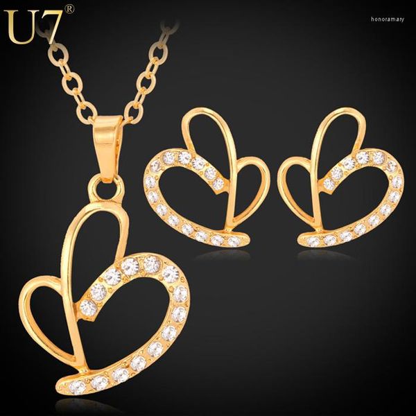 Collier boucles d'oreilles ensemble U7 coeur femmes cadeau or jaune couleur strass bijoux de mariage en gros S504