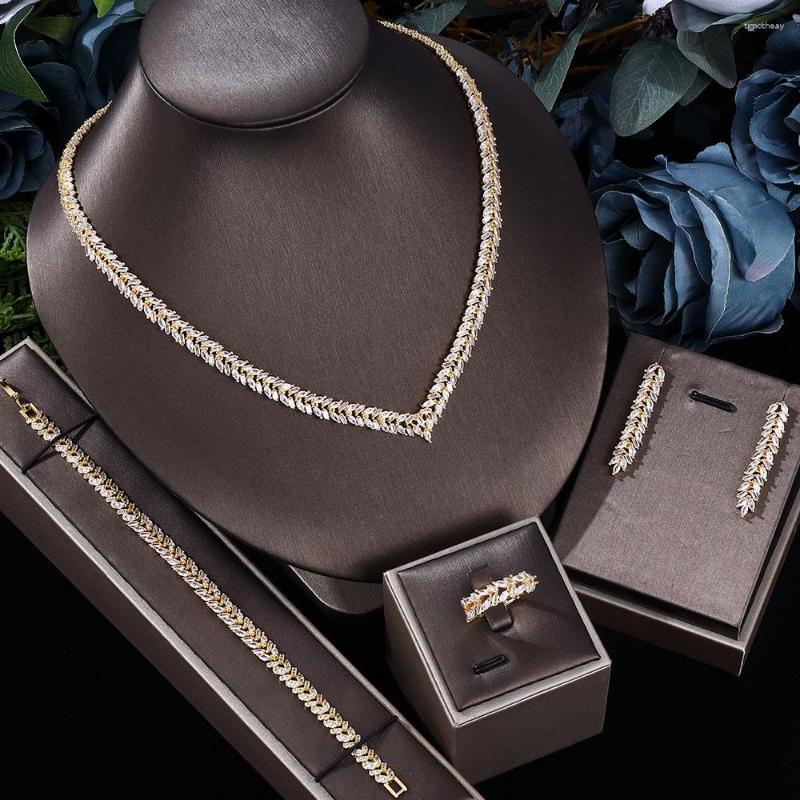 Necklace Earrings Set UAE Luxury Cubic Zirconia Bracelet And Rings 4-Piece Dubai Wedding Women's Jewelry