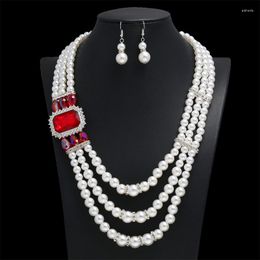 Ketting oorbellen instellen uddein Afrikaan voor vrouwen Big Red Gem Flower kraag multi -lay Pearl Nigeriaanse bruiloft