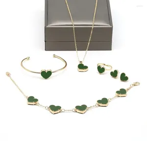 Ketting Oorbellen Set UILZ Hartvormige Groene Kleur Sieraden Voor Vrouwen Luxe Trouwring Stud Oorbel Sets Dubai Party Accessoires