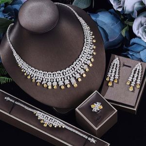 Ketting Oorbellen Set UILZ Luxe Dubai Nigeria Sieraden Voor Vrouwen Groen Blauw Geel Kubieke Zirkoon Sets Bruidsaccessoires