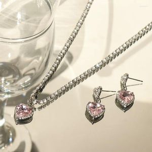 UILZ – ensemble de boucles d'oreilles et collier en zircone rose pour femmes, bijoux de mariée romantiques et brillants