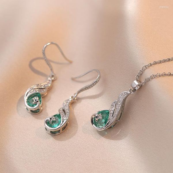 Ensemble de colliers et boucles d'oreilles en pierre verte Unique pour femmes, pendentifs et gouttes de paon, chaînes en acier inoxydable, en Zircon, cadeau de mariée