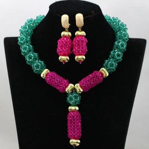 Conjunto de collar y pendientes, colgante de cristal verde azulado único, cuentas africanas de color rosa fucsia, regalo de fiesta, joyería, envío gratis QW042
