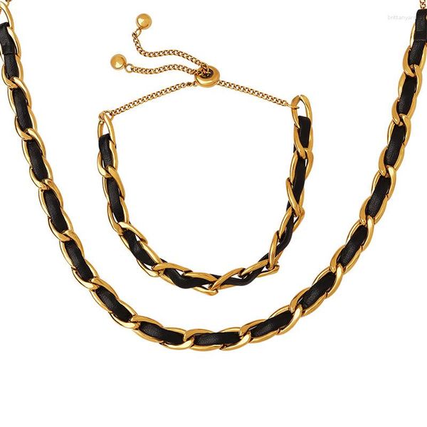 Conjunto de pendientes de collar, pulsera Unisex, cuerda de cuero negro a la moda, colgante de bola de borla Premium de lujo para mujer, joyería