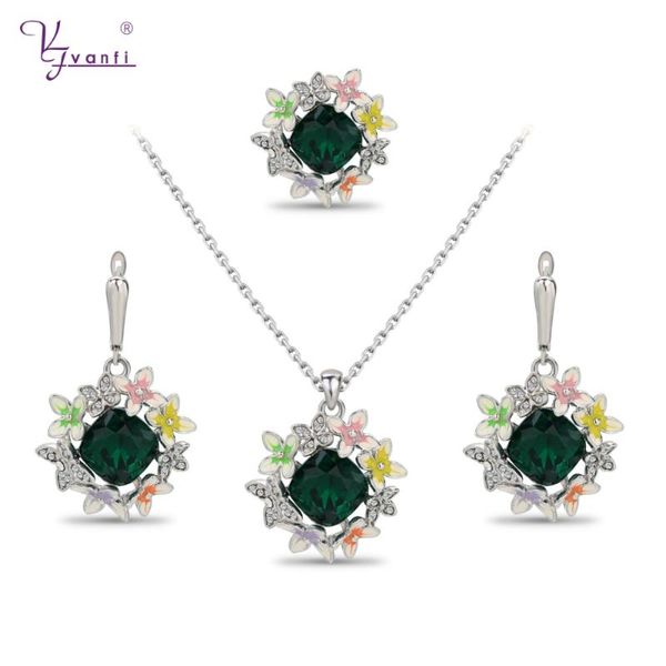 Ensemble de boucles d'oreilles et collier VANFI, modèle de bijoux, pierre verte, mots D, bouton fleur pour femmes, Style européen et américain