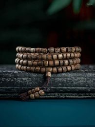 Ensemble de collier et boucles d'oreilles en bois d'agar Nha Trang du Vietnam, ficelle à main avec matériau ancien naturel, longues perles de bouddha, seau multi-cercles