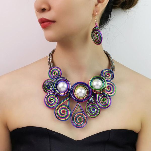 Ensemble de collier et boucles d'oreilles en métal multicolore, Imitation de perles, ras du cou, style Boho, bijoux de fête de mariage pour femmes