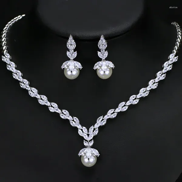 Conjunto de collar y pendientes con diseño de vid, circonita cúbica, colgante de perla de concha blanca, joyería de boda para mujer