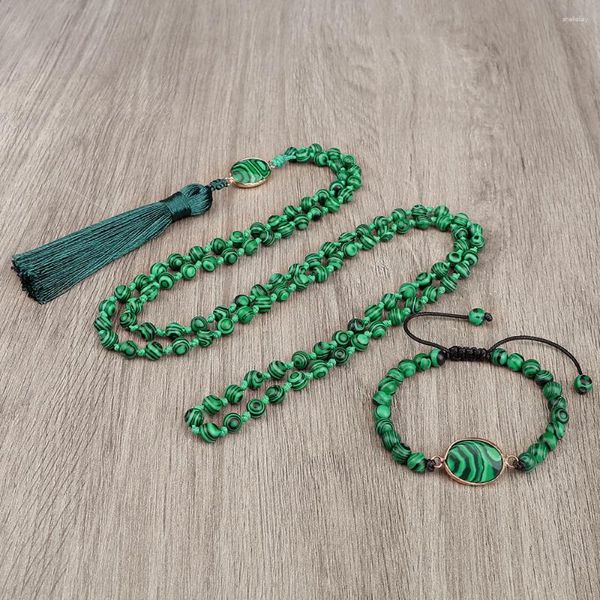 Collier Boucles d'oreilles Ensemble Vintage 108 Perles Colliers Faits À La Main Réglable 6mm Malachite Pierre Naturelle Bracelet Femmes Hommes Méditation Bijoux Yoga