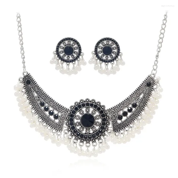 Ensemble de colliers et boucles d'oreilles Vintage en cristal noir afghan pour femmes, bijoux avec pompon et perles, cadeau de fête de mariage