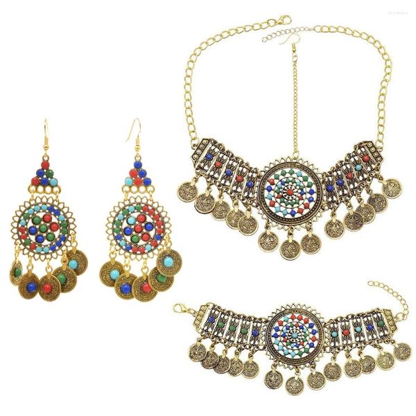 Conjunto de collar y pendientes para mujer, cuentas acrílicas coloridas Vintage, monedas, accesorios para el cabello, pulsera para mujer, novia étnica afgana gitana, boda