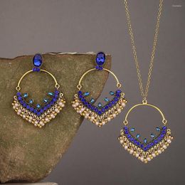 Collier boucles d'oreilles ensemble Vintage ethnique bleu CZ goutte d'eau balancent bijoux pour dames inde gitane Boho couleur or gland cadeau