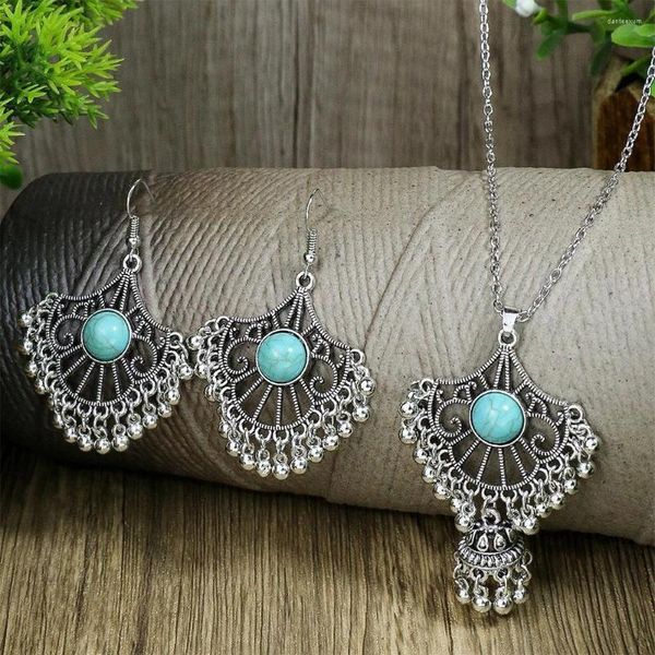 Ensemble de collier et boucles d'oreilles de Style ethnique Vintage pour femmes, bijoux bohème en alliage Antique, perles creuses, pendentif pampille