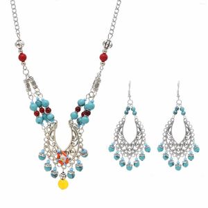 Ketting oorbellen instellen vintage etnische turquoise kralen Tassel Drop voorhoofdketen voor vrouw