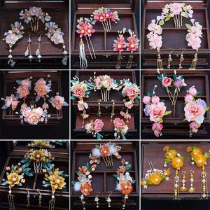 Ketting Oorbellen Set Vintage Haar Stok Oorbel Chinees Voor Vrouwen Bloemen Kwastje Parel Clip Haarspeld Fairy Tiara Bruiloft Accessoires