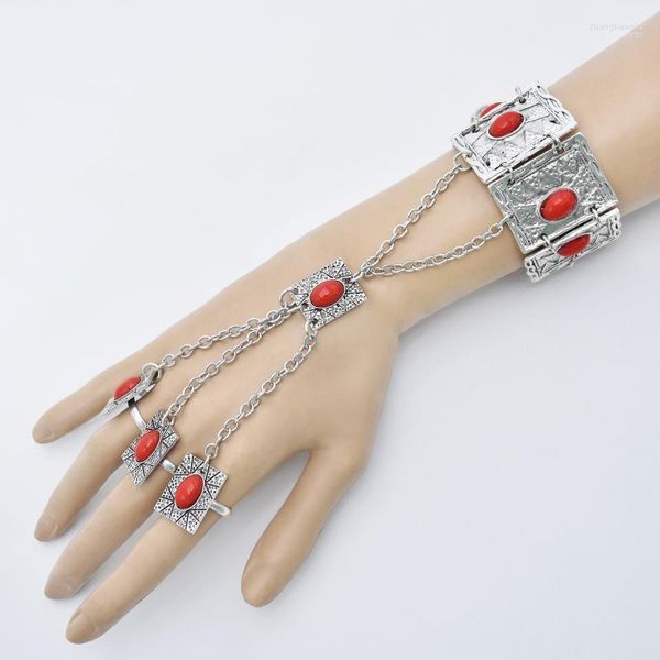 Ensemble de boucles d'oreilles et collier Vintage en métal et pierre rouge pour femmes, bijoux de fête bohème gitane