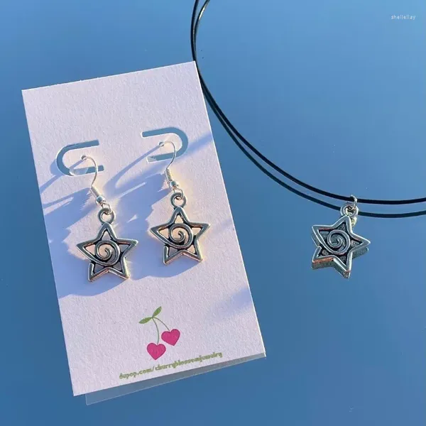 Boucles d'oreilles de collier Set Cordon en cuir pendant étoile de mer vintage Pentagram Cordon en cuir de 2 y2k bijoux de fête personnalisés simples