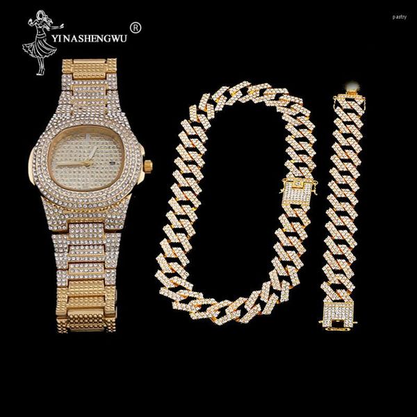 Collar Pendientes Conjunto Reloj Pulsera Hip Hop Miami Curb Cadena cubana Color dorado Iced Out Paved Rhinestones CZ Bling Jewelry para hombres 19MM