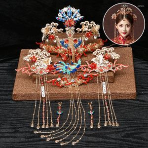 Collier boucles d'oreilles ensemble accessoires de cheveux de mariage traditionnel chinois épingle à cheveux couleur or peigne bandeau bâton coiffure tête bijoux mariée