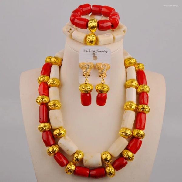 Conjunto de collar y pendientes, joyería de boda, cuentas de Coral Natural blanco y rojo, accesorios africanos, AU-522 nupcial nigeriana