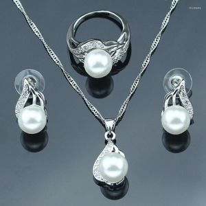 Collier boucles d'oreilles ensemble mariage couleur argent blanc perle bijoux pour femmes cadeau bague avec mariées