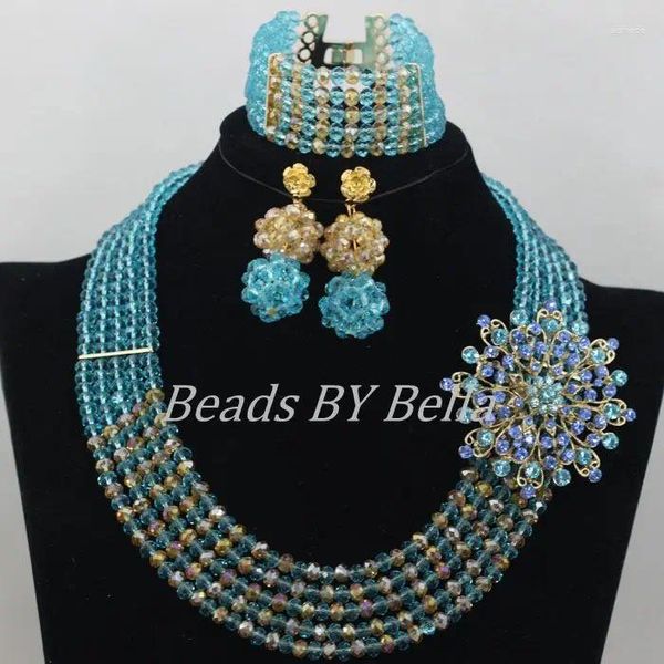 Colliers Boucles d'oreilles ensemble bien fabriqués au ciel bleu africain Perles de mariage cristal Costume Fashion Bridal Lace Bijoux ABF458