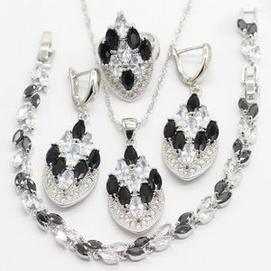 Ketting oorbellen Set White and Black Stone 925 Silver For Women Wedding of Four Dange Ring armband Juwelbox