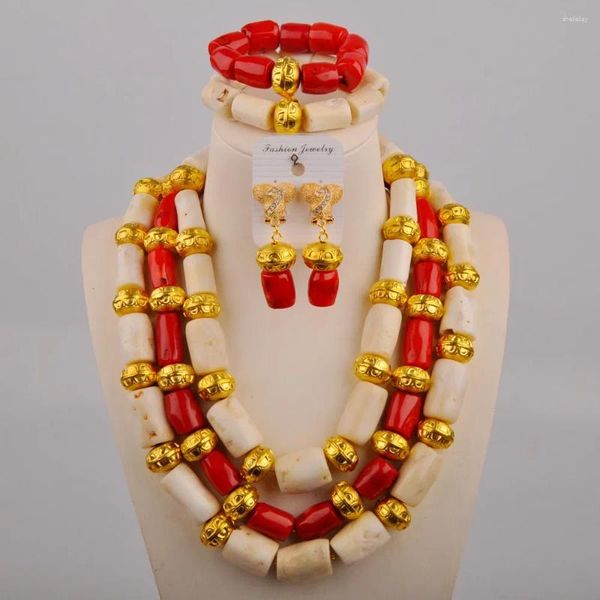 Conjunto de collar y pendientes, cuentas de Coral Natural blanco y rojo, ceremonia africana, banquete, joyería de boda, vestido de novia nigeriano, AU-527