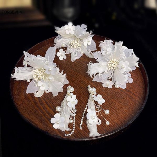 Collier Boucles D'oreilles Ensemble Blanc Fleur Épingles À Cheveux Clips Boucle D'oreille Pour La Mariée Accessoires De Cheveux De Mariage Super Fée Plume Casque Perle Barrette