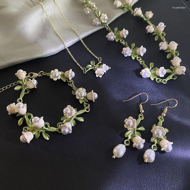 Conjunto de collar y pendientes, pulsera de lirio blanco de los valles, Súper Hada, cadena de clavícula para niñas, regalos de joyería de flores