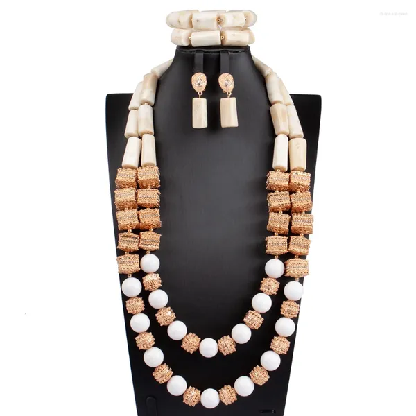 Ensemble de boucles d'oreilles et collier en perles de corail blanches originales, bijoux 30 pouces, Double couche, longues perles, déclaration ABG186