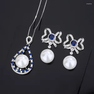 Collier Boucles d'oreilles Set White Pearl Red Ruby Blue Sapphire Zircon Pendron Bow Knot Stud Women Jewelry
