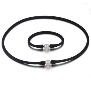 Collier boucles d'oreilles ensemble en gros 20 pouces 11-12mm naturel rond perle noir caoutchouc Silicone et 7.5 Bracelet bijoux