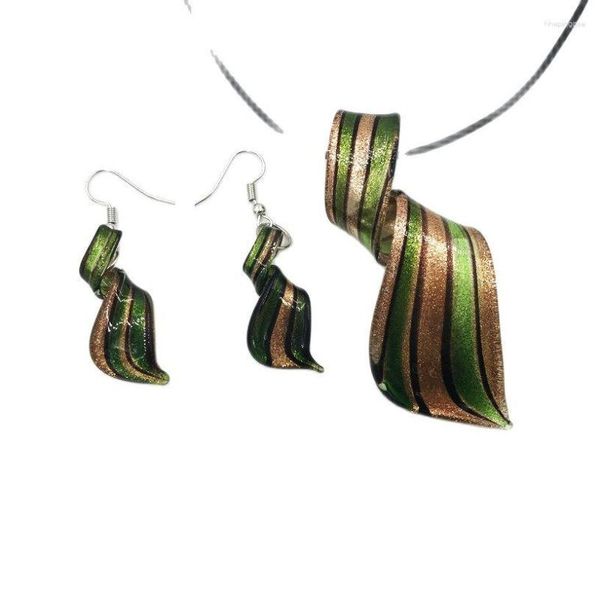 Conjunto de pendientes de collar, venta al por mayor, 3 conjuntos, colgante de cristal de murano verde torcido, joyería de moda