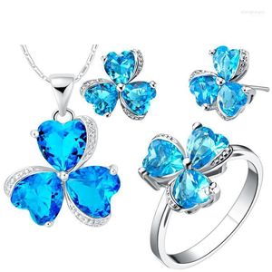 Conjunto de pendientes de collar, venta al por mayor, collar/anillo/pendientes con forma de flor de circón azul para mujer, T289-6 de oro blanco a la moda #
