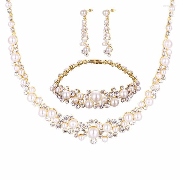 Conjunto de collar y pendientes, venta al por mayor, moda, Color plateado, traje de boda con perlas de cristal para mujer, nupcial
