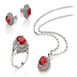 Ketting Oorbellen Set Groothandel Mode Eenvoudige Rood/roze/paars/blauw Zirkoon 18KGP Zegenen Oorbel Hanger Ring #7 8 9