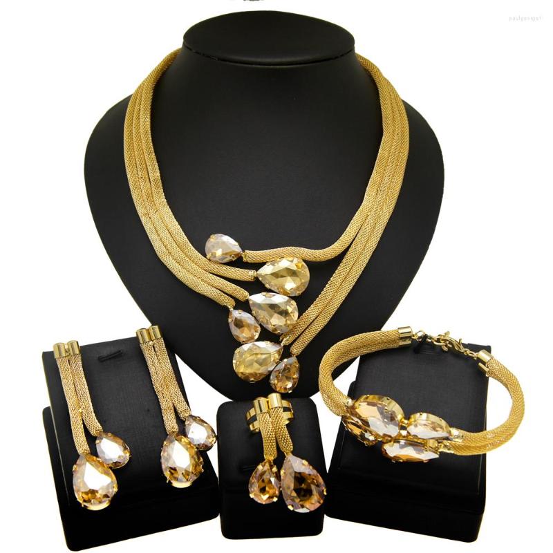 Conjunto de aretes de collar Joyería de mujer Estilo de oro brasileño de moda Original 24K Plateado Púrpura y champán Pendiente colgante de diamantes de imitación
