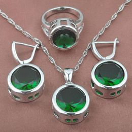 Conjunto de collar y pendientes para mujer, anillos colgantes de circonita verde redondos para boda, plata 925 y joyería superior TZ0370