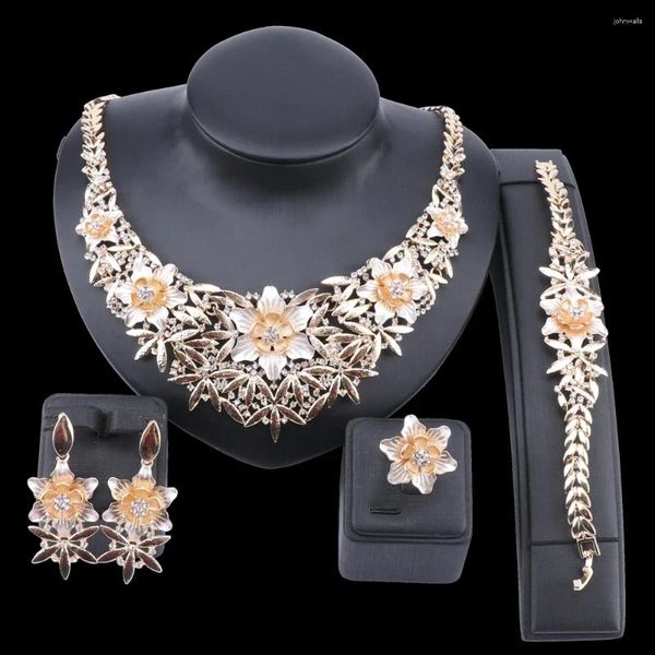 Conjunto de collar y pendientes para mujer, pulsera africana, anillos, joyería de flores, Color dorado, regalo de fiesta, joyería