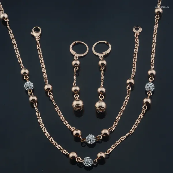 Conjunto de collar y pendientes para mujer, cuentas de circonita cúbica, bola, pulsera de joyería de Color oro rosa 585