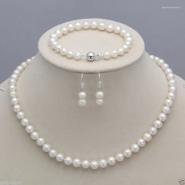 Ensemble de collier et boucles d'oreilles pour femmes, grands bijoux, véritable eau douce naturelle, 7-8mm, perles de culture Akoya blanches, Bracelet et boucles d'oreilles