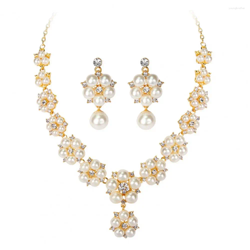 Ketting oorbellen set vrouwen oorr earring faux parelbloem elegante strass bruid kit voor