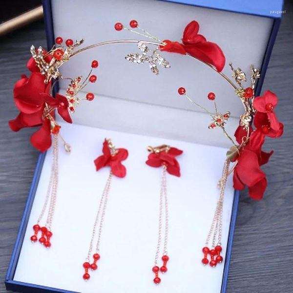 Conjunto de collar y pendientes para mujer, decoración de flores rojas, tiaras nupciales, diadema, tocado, coronas de boda, pendientes, joyería, accesorios para el cabello